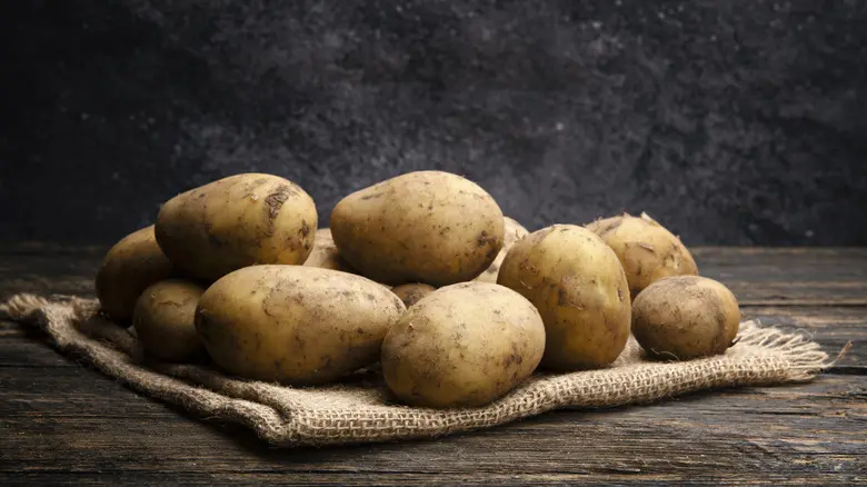 Fresh organic potatoes on dark background