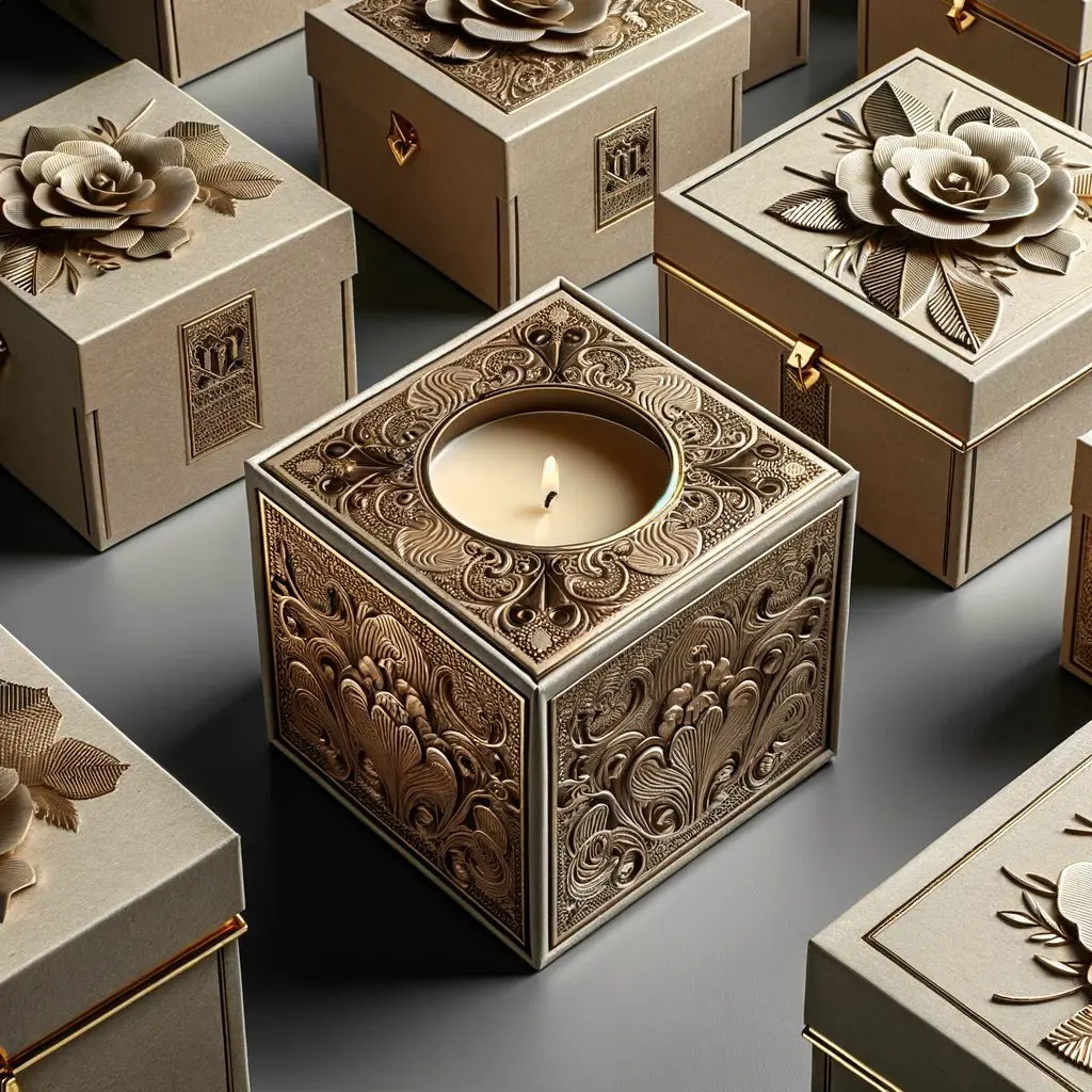 DALL·E 2024 01 04 16.48.57 Custom luxury candle boxes made of cardboard showcasing an elegant and sophisticated design. The boxes are crafted from high quality textured cardbo