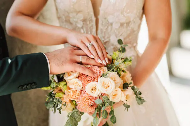 Bride and groom's hands close up photo